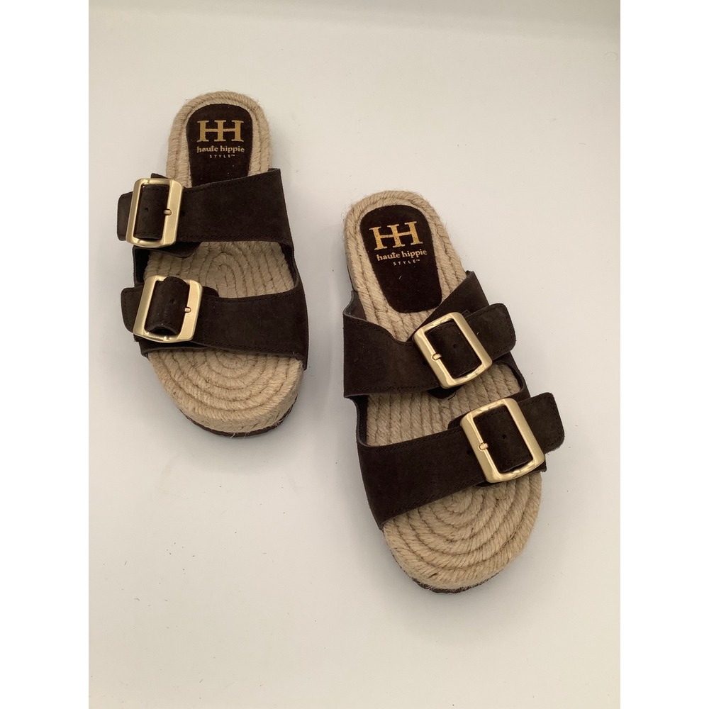 Haute Hippie Brown Suede Double Buckle Espadrille Slides‎ Sandals Women's 6.5